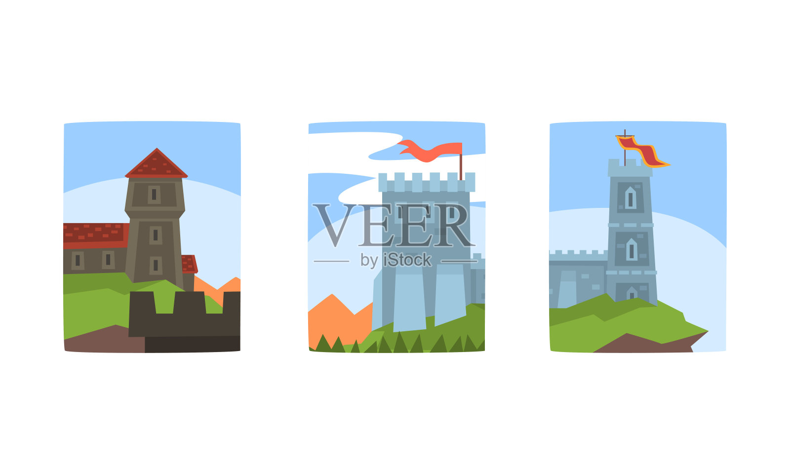 中世纪的石头城堡和塔与旗帜收集，夏季自然景观的古代建筑矢量插图插画图片素材