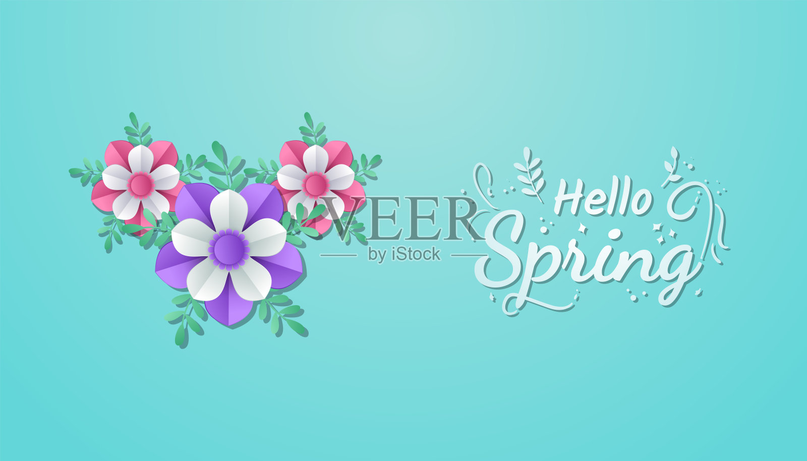 你好春天景观与花和叶剪纸艺术风格在蓝色的背景。完美的邀请，问候，庆祝卡矢量插图。插画图片素材