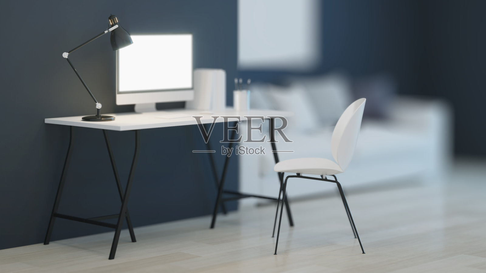 工作场所。办公家具。的夜晚。晚上照明。3 d渲染。照片摄影图片