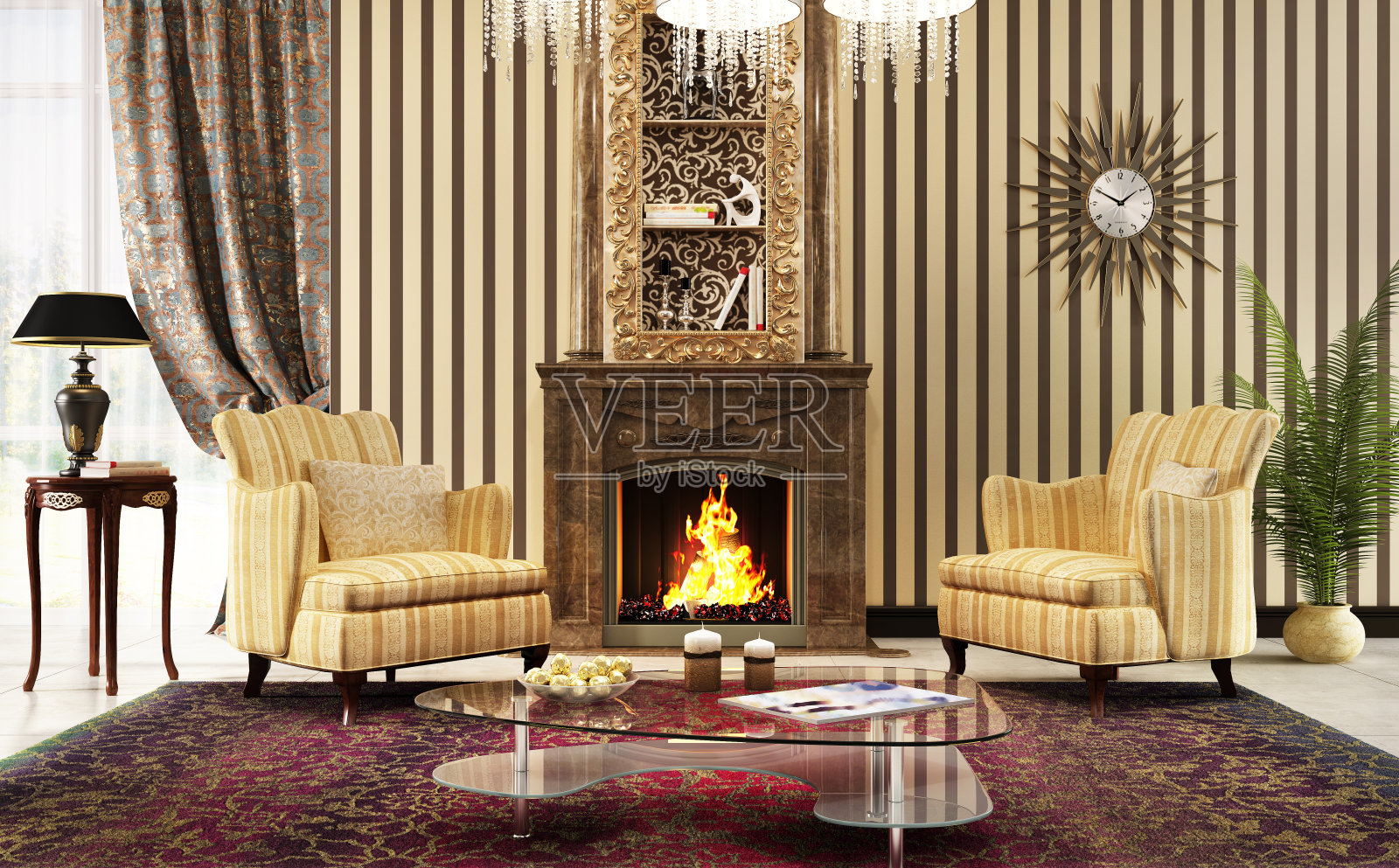 经典风格的客厅配有壁炉照片摄影图片