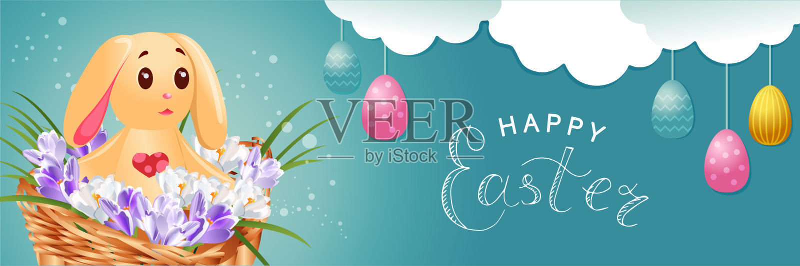横旗复活节快乐。可爱的小兔子在一个篮子里，里面有雪花莲，云彩，五颜六色的鸡蛋。矢量插图。插画图片素材