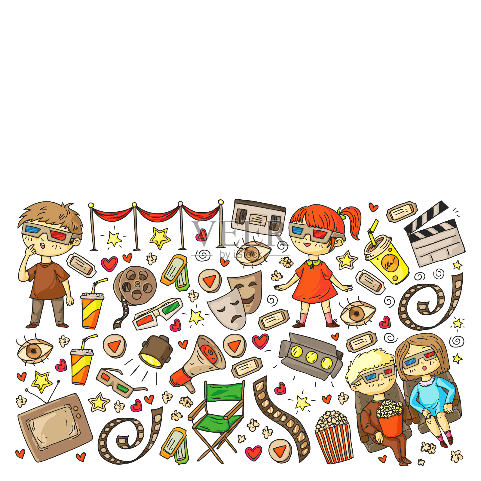 电影模式与矢量图标的包装纸，海报，横幅，传单。3d电影，电视，音乐剧。插画图片素材