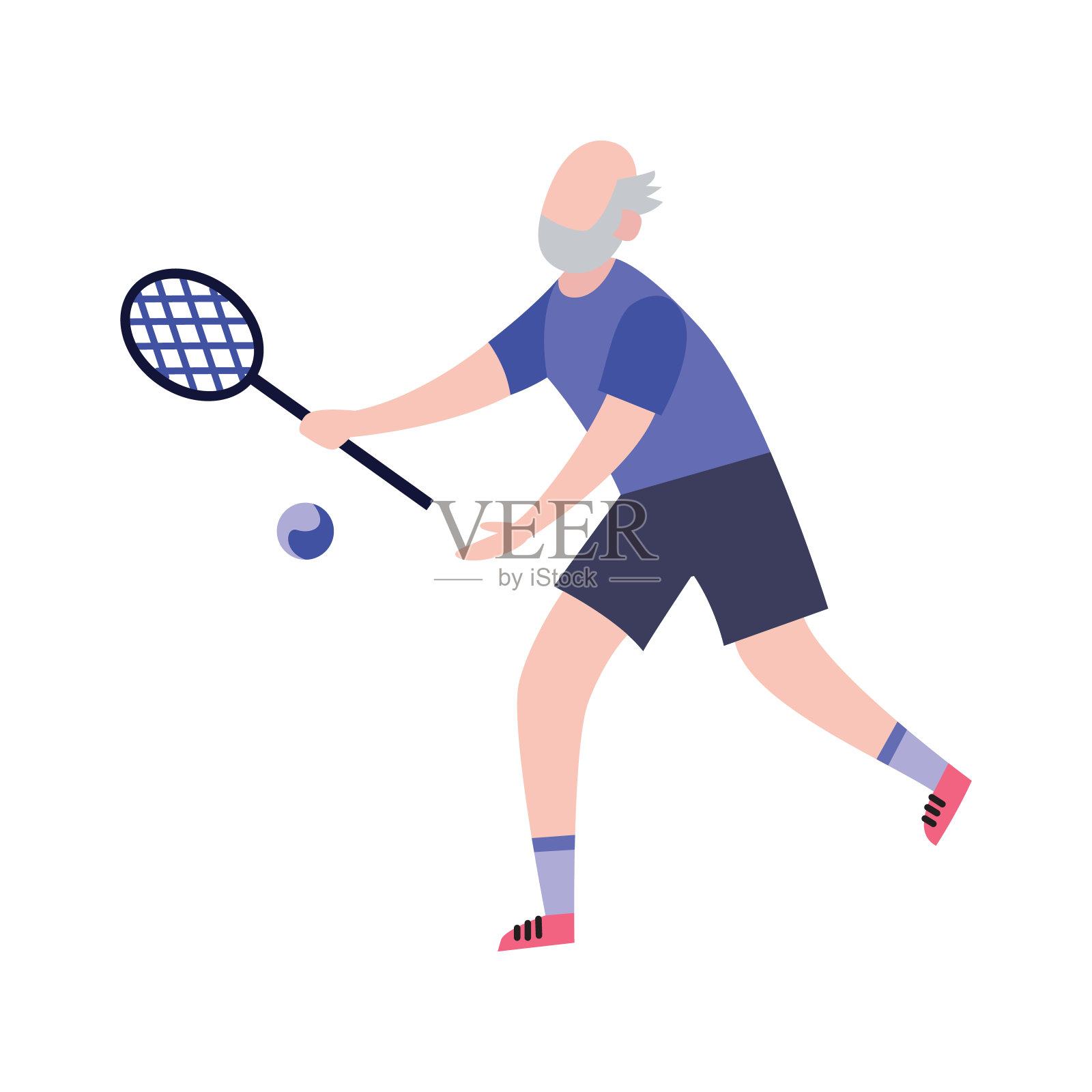 老人打网球卡通人物平面矢量插图孤立。插画图片素材