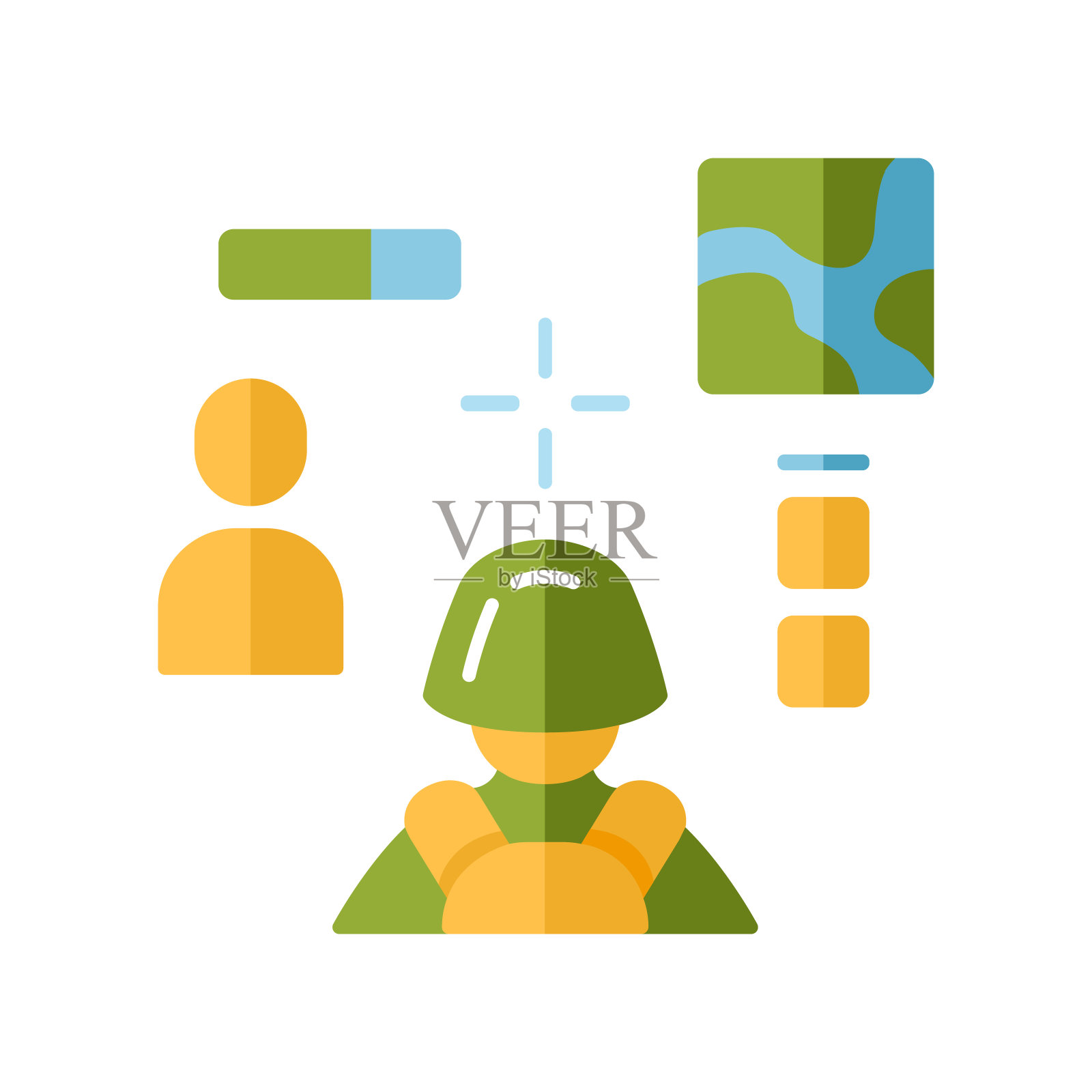 3d射击平面设计长阴影彩色图标。虚拟视频游戏。在线多人游戏。大逃杀。电子竞技，电竞，任务。电脑游戏界面。向量轮廓图插画图片素材