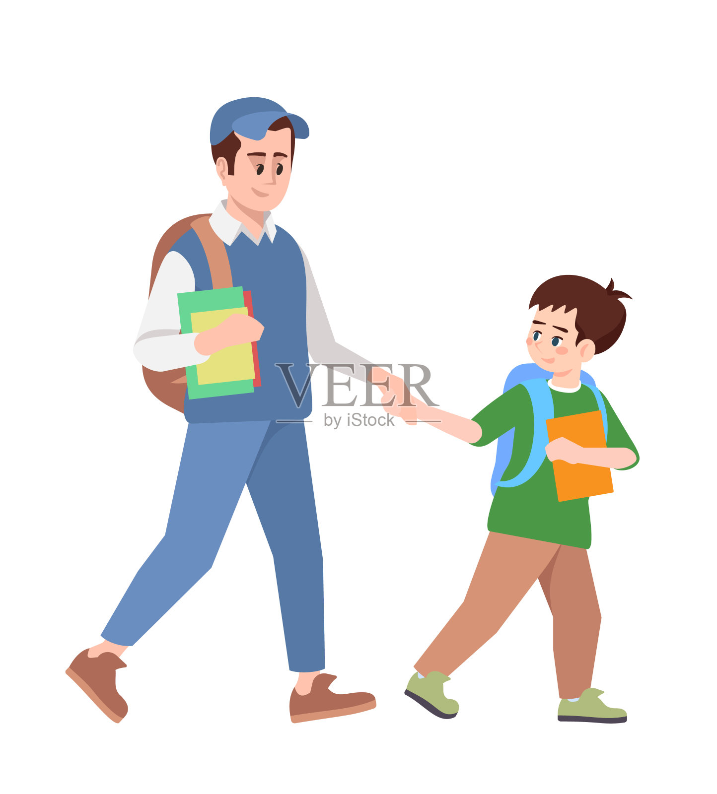 兄弟们手牵着手去学校做平面矢量插画。拿着书包和课本的青春期前和十几岁的男生。学校的孩子们赶紧去上孤立的卡通人物的课设计元素图片