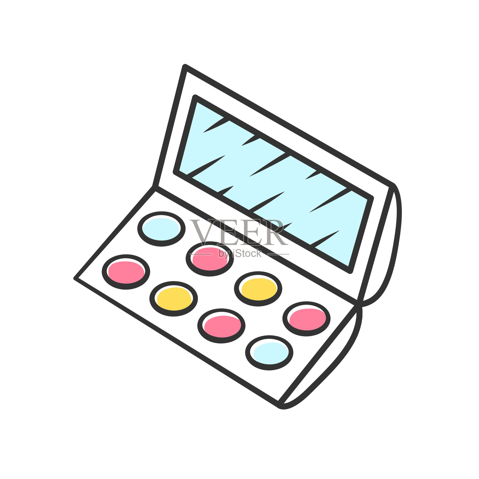 简洁的眼影调色板颜色图标。女性时尚产品孤立矢量插图。美容院、美容、面部化妆属性。专业美容师，美容工具插画图片素材