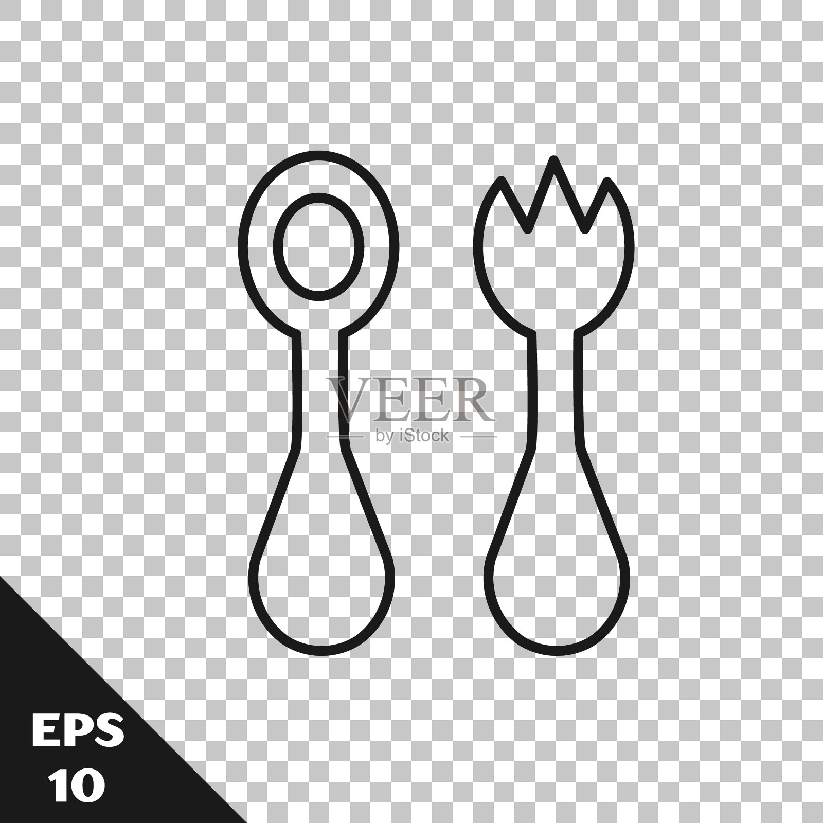 黑色线条婴儿塑料餐具，叉子和勺子的图标孤立在透明的背景。孩子的餐具。儿童餐厅的物品。矢量图插画图片素材