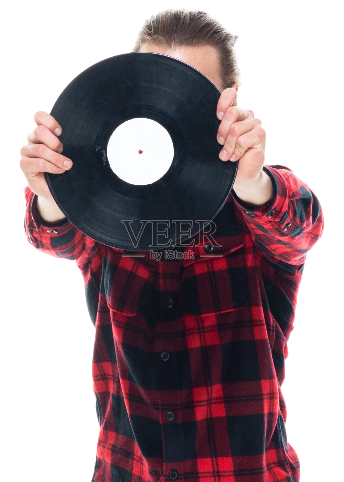 白人年轻男性运动穿着伐木工人衬衫并保持记录照片摄影图片