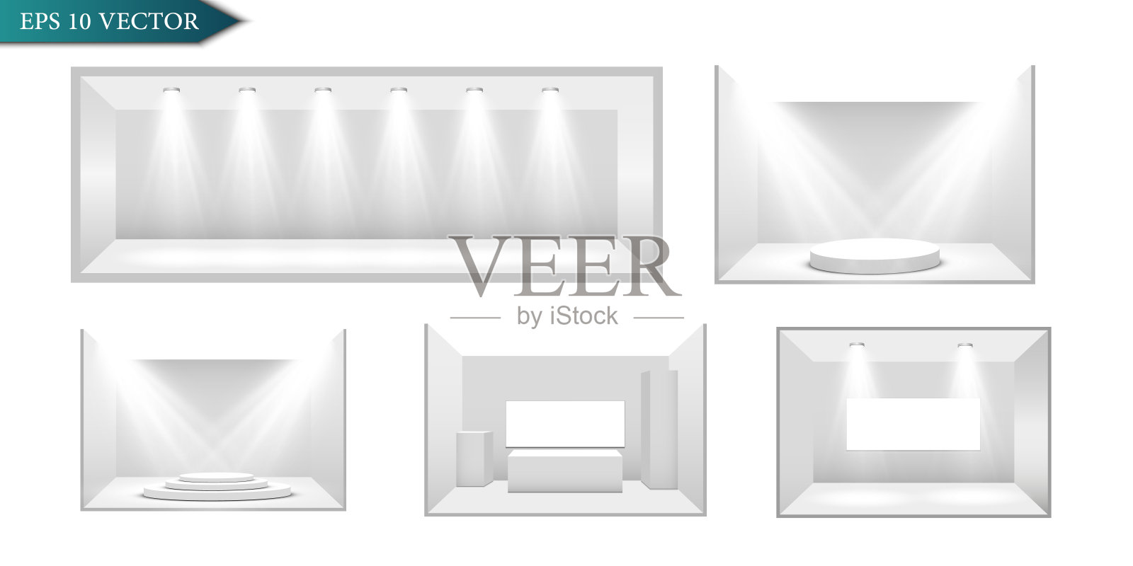 一套带有3D家具的工作室房间。一个讲台，基座或平台是由聚光灯照亮的白色背景。风景如画的灯光。矢量插图。插画图片素材
