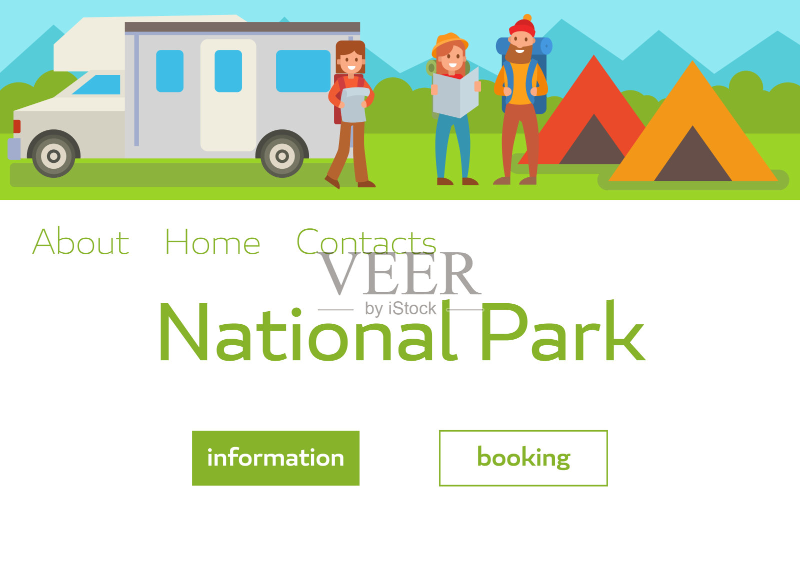 露营公园景观矢量插图旅行者与背包，帐篷和货车。夏令营、自然旅游、露营、远足、徒步等网页模板。插画图片素材