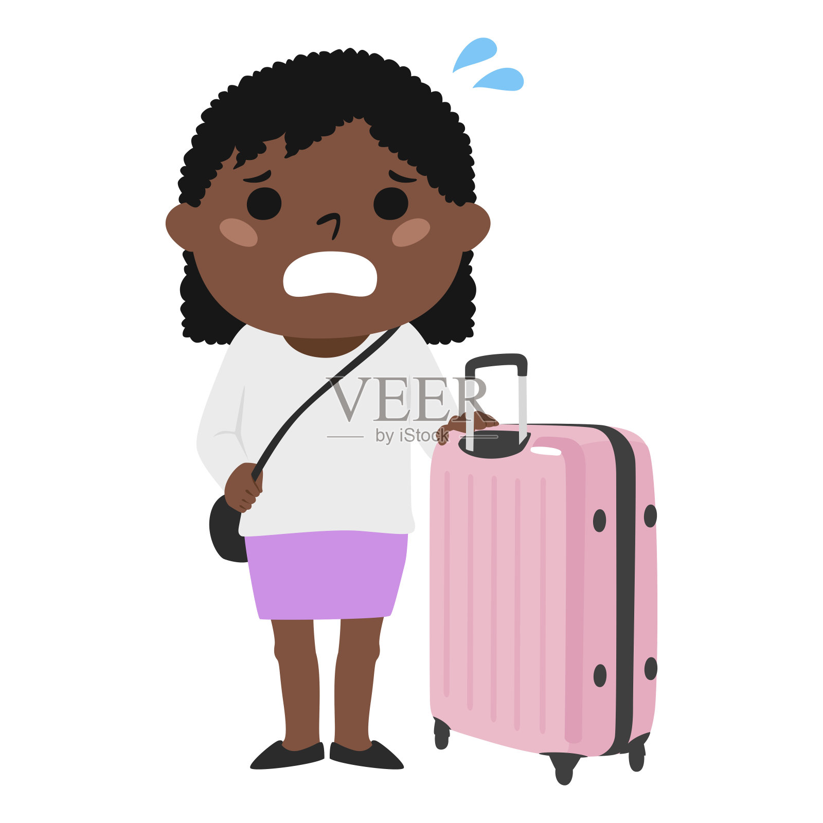 一个陷入困境的旅行者的插图。一个外国女人提着一个大箱子走着。插画图片素材