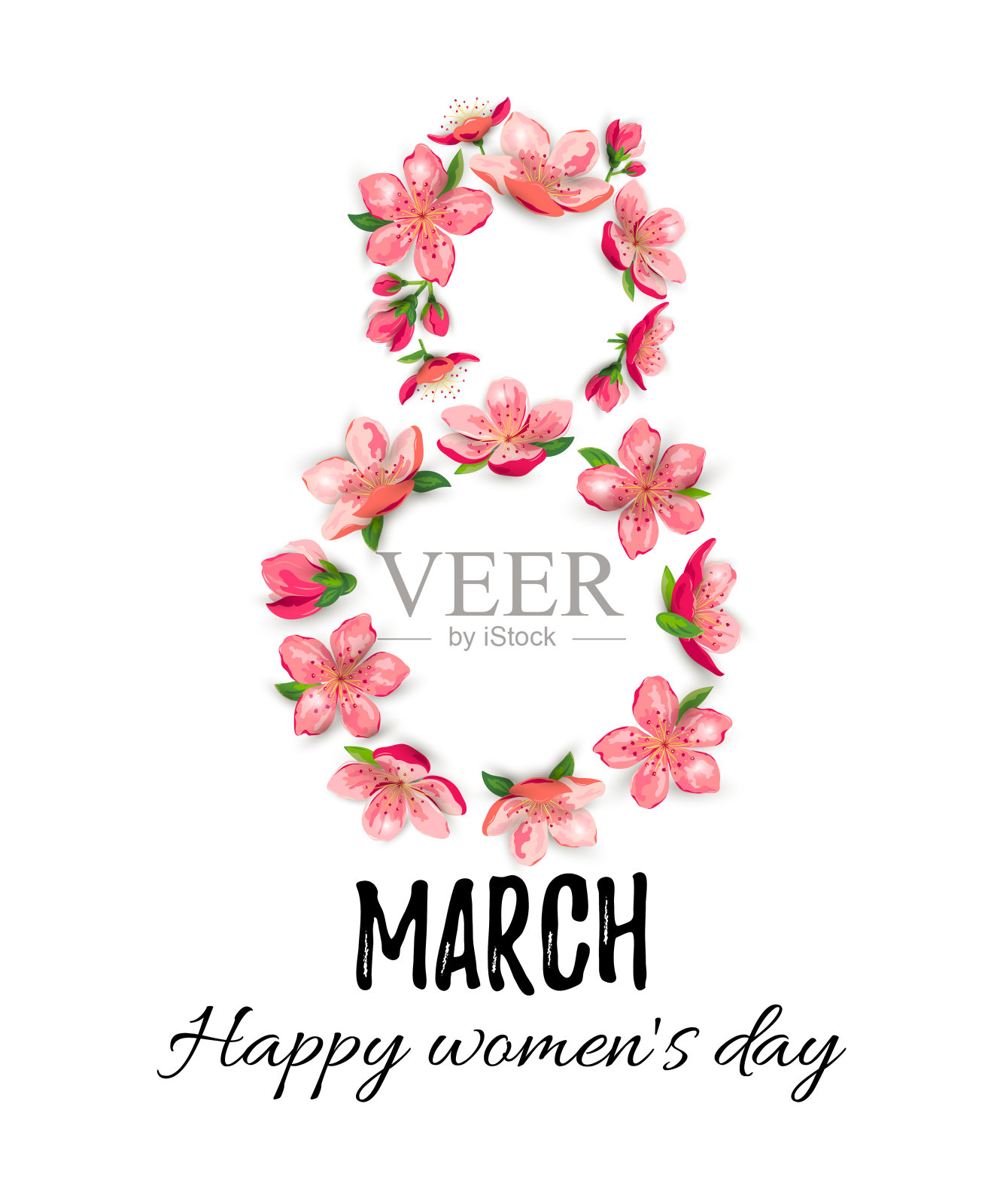 3月8日，印有盛开樱花的妇女节快乐卡片插画图片素材