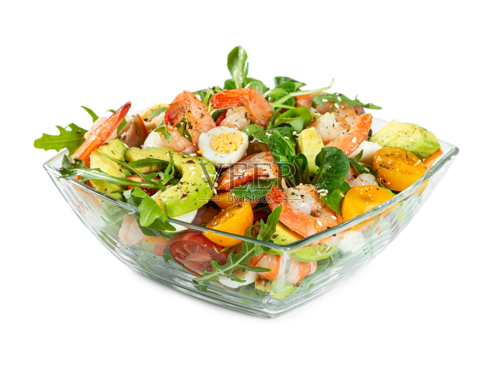 牛油果，虾仁，新鲜圣女果，鹌鹑蛋和芝麻菜沙拉照片摄影图片