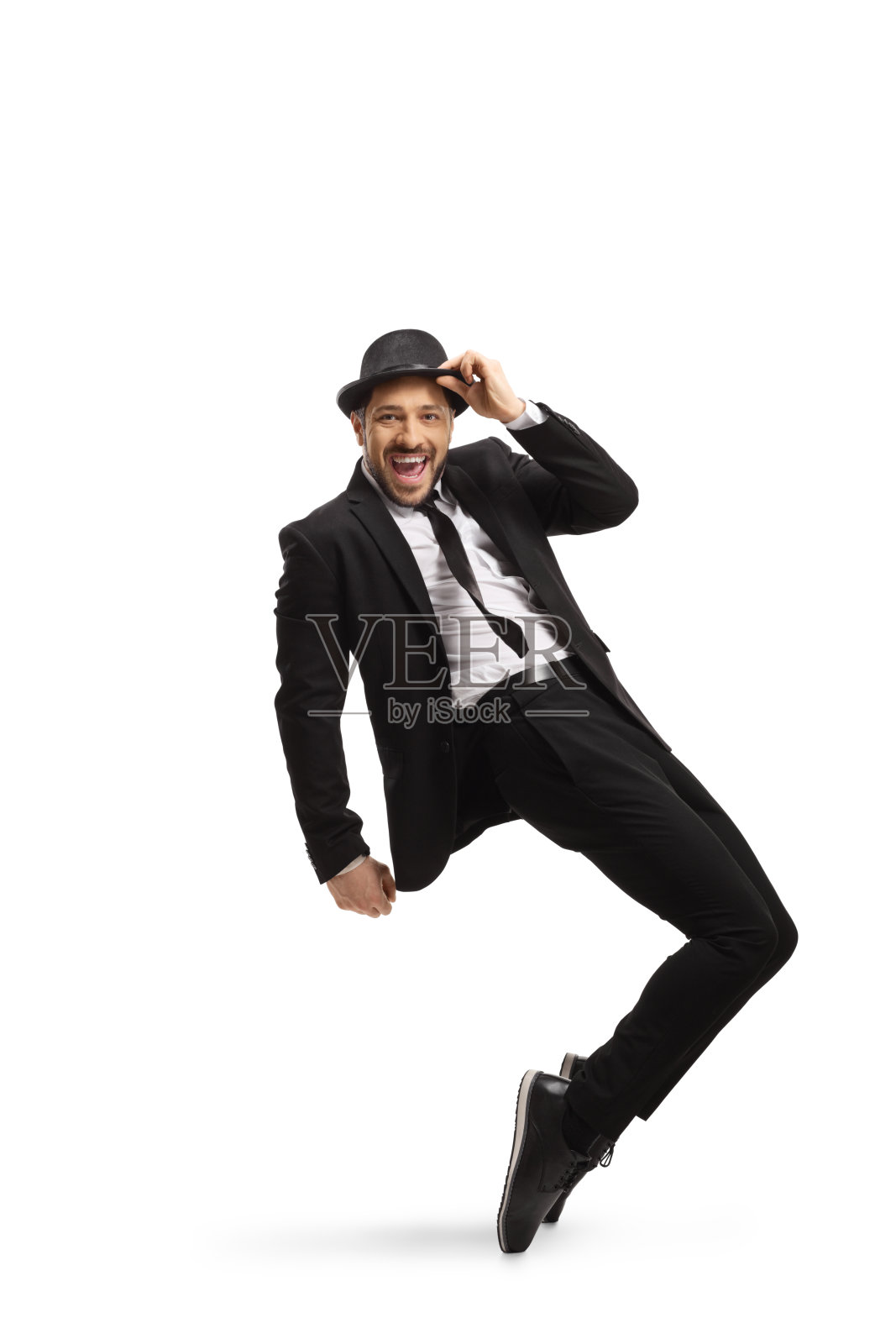 身穿黑色西装跳舞的开朗青年照片摄影图片