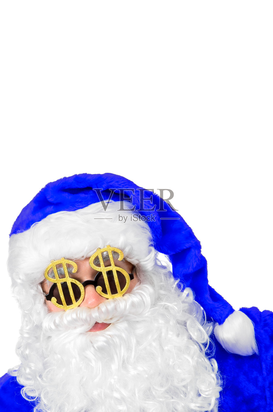 穿着蓝色衣服、戴着美元符号眼镜的圣诞老人（带文案空间）照片摄影图片