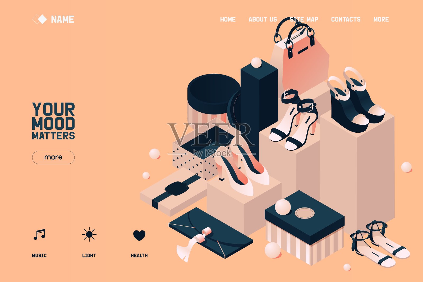 矢量概念横幅或登陆页模板与等距鞋和包装盒。插图适合夏季高跟鞋系列推广，绘制在裸米色和深蓝桃色背景。设计模板素材