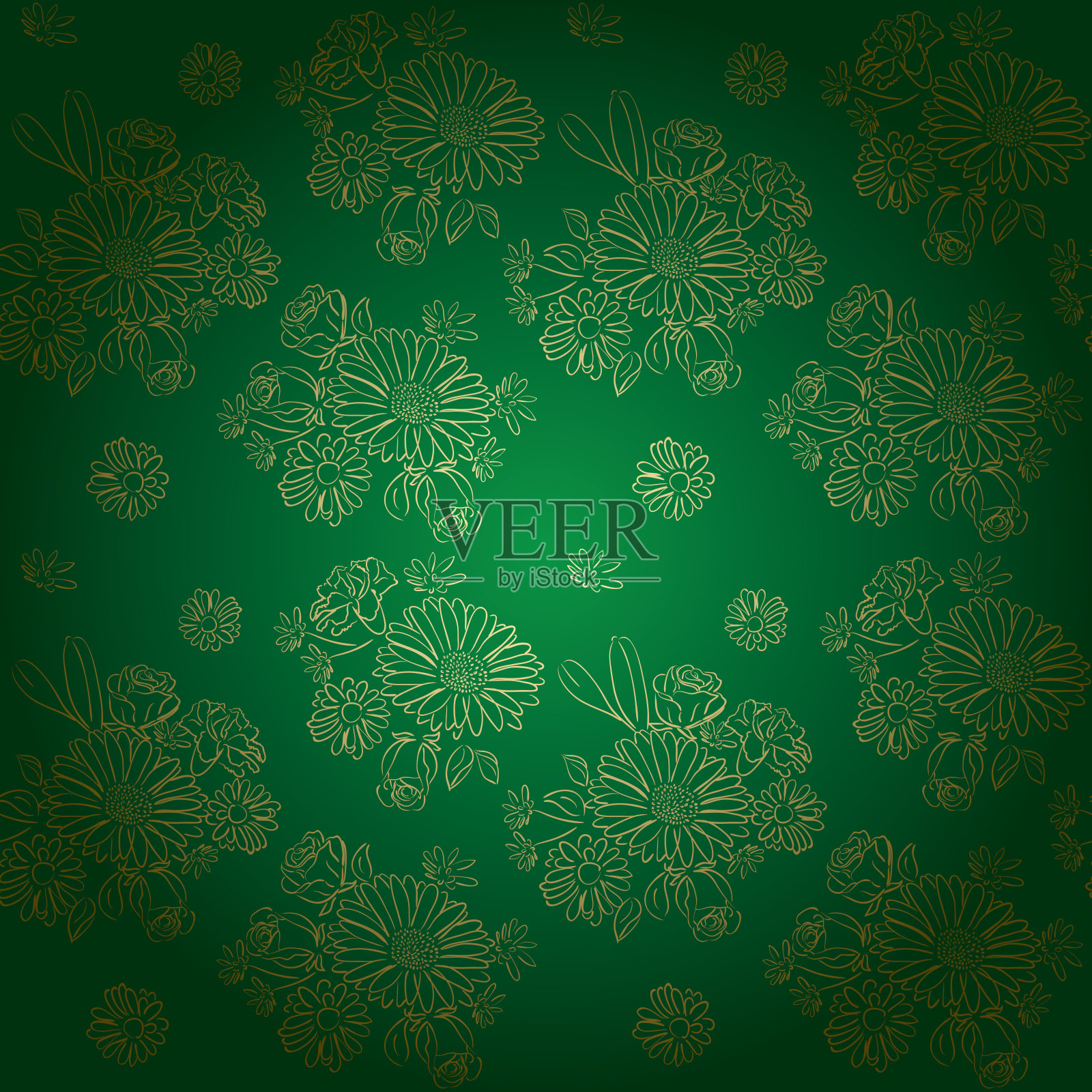 绿色背景与金色的花-向量模式与梯度插画图片素材