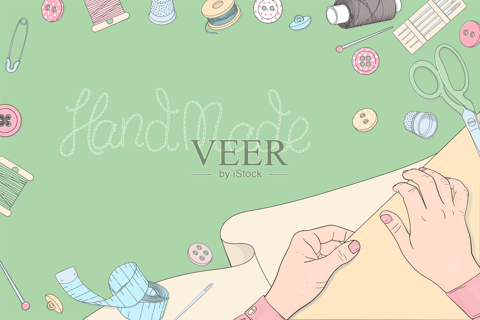女人的手与缝纫配件和创造性的字母在绿色的背景。模板。插画图片素材