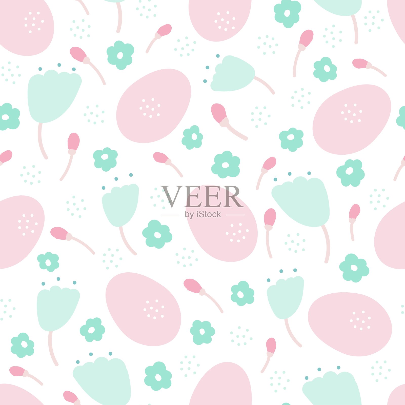 复活节彩蛋和花朵无缝可爱的图案。向量的背景。插画图片素材