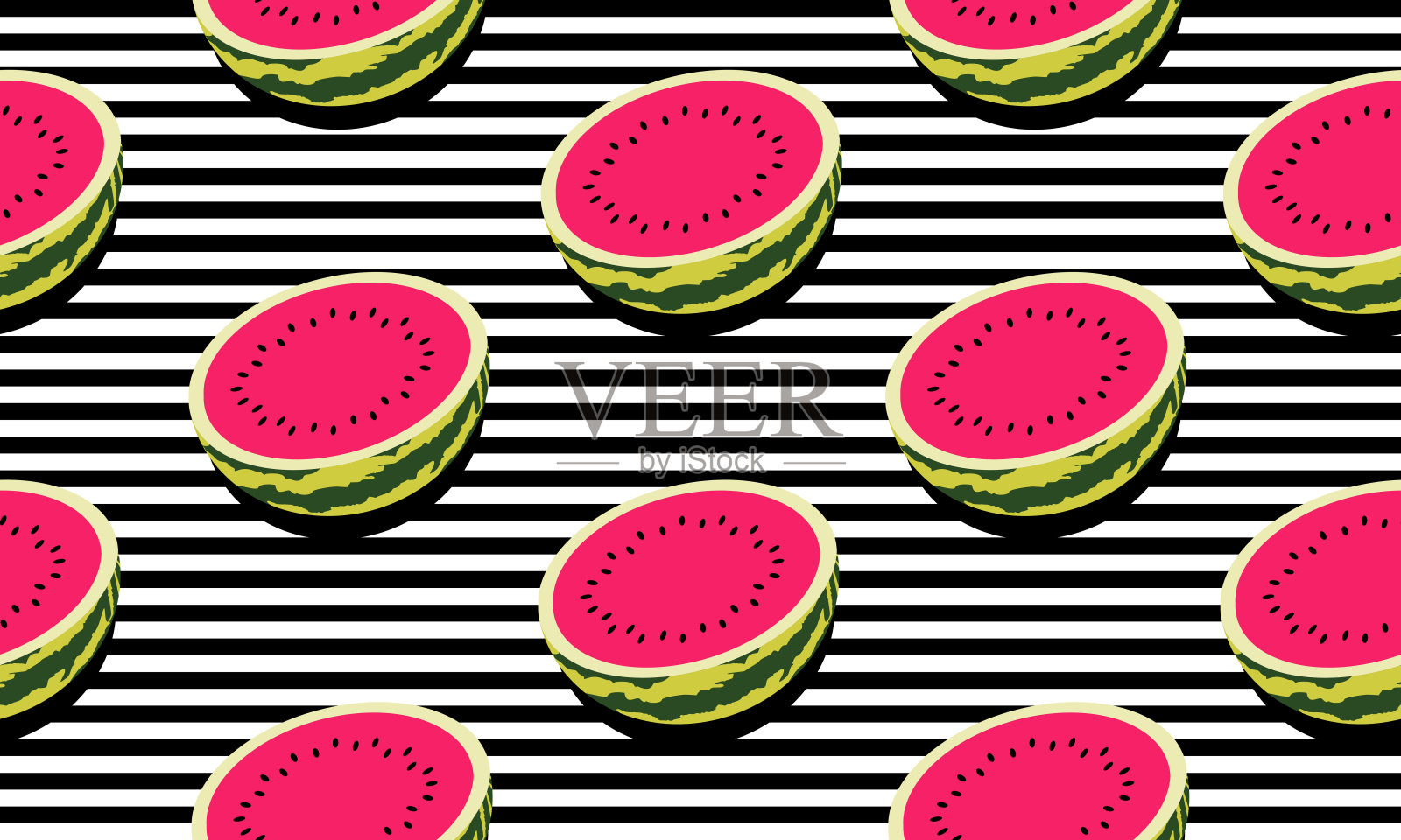黑白条纹的无缝背景，西瓜切成两半，有深色的阴影。插画图片素材