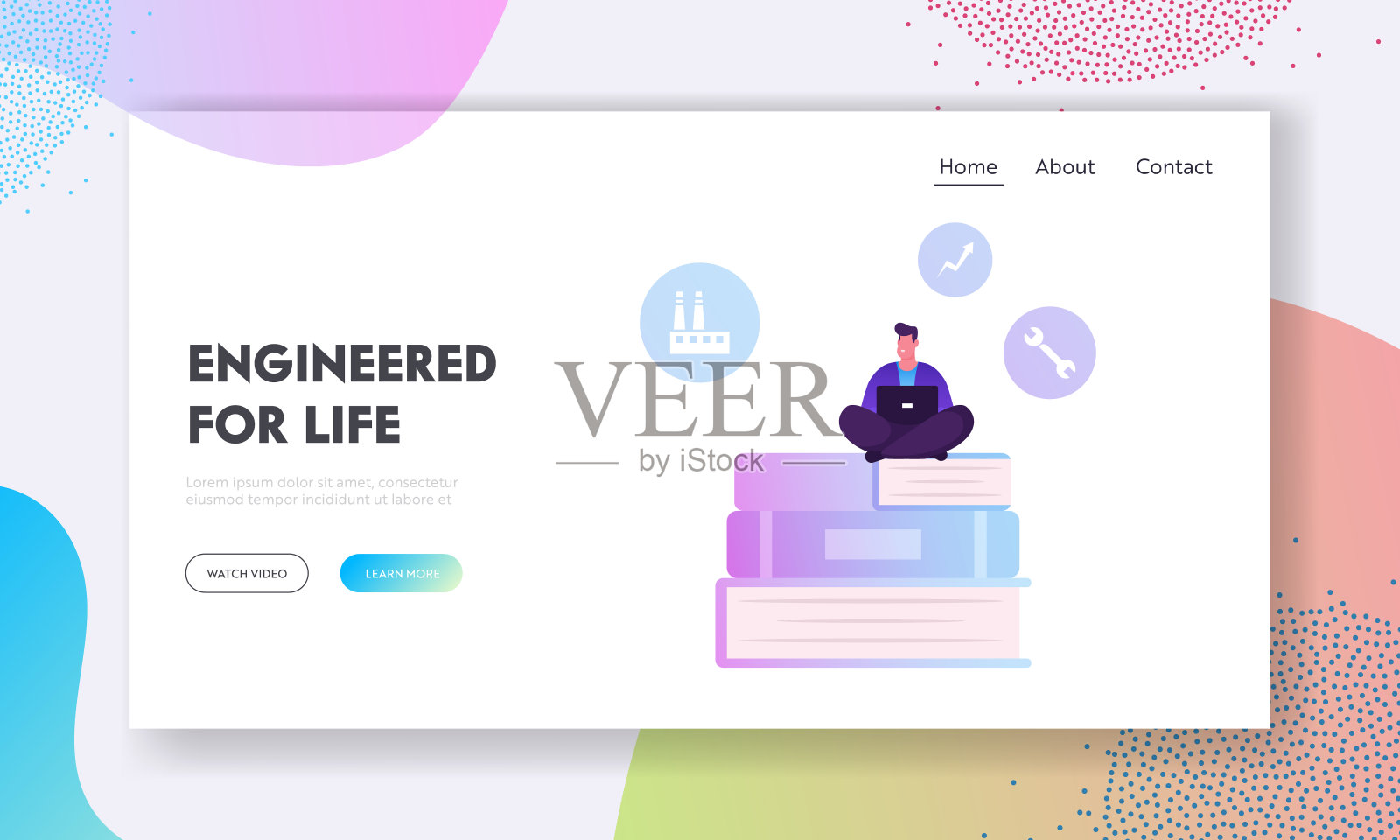网站登录页面。用户手册，FAQ概念。一名男子坐在一大堆书上，手里拿着笔记本电脑。客户帮助网页横幅。卡通平面矢量插图插画图片素材