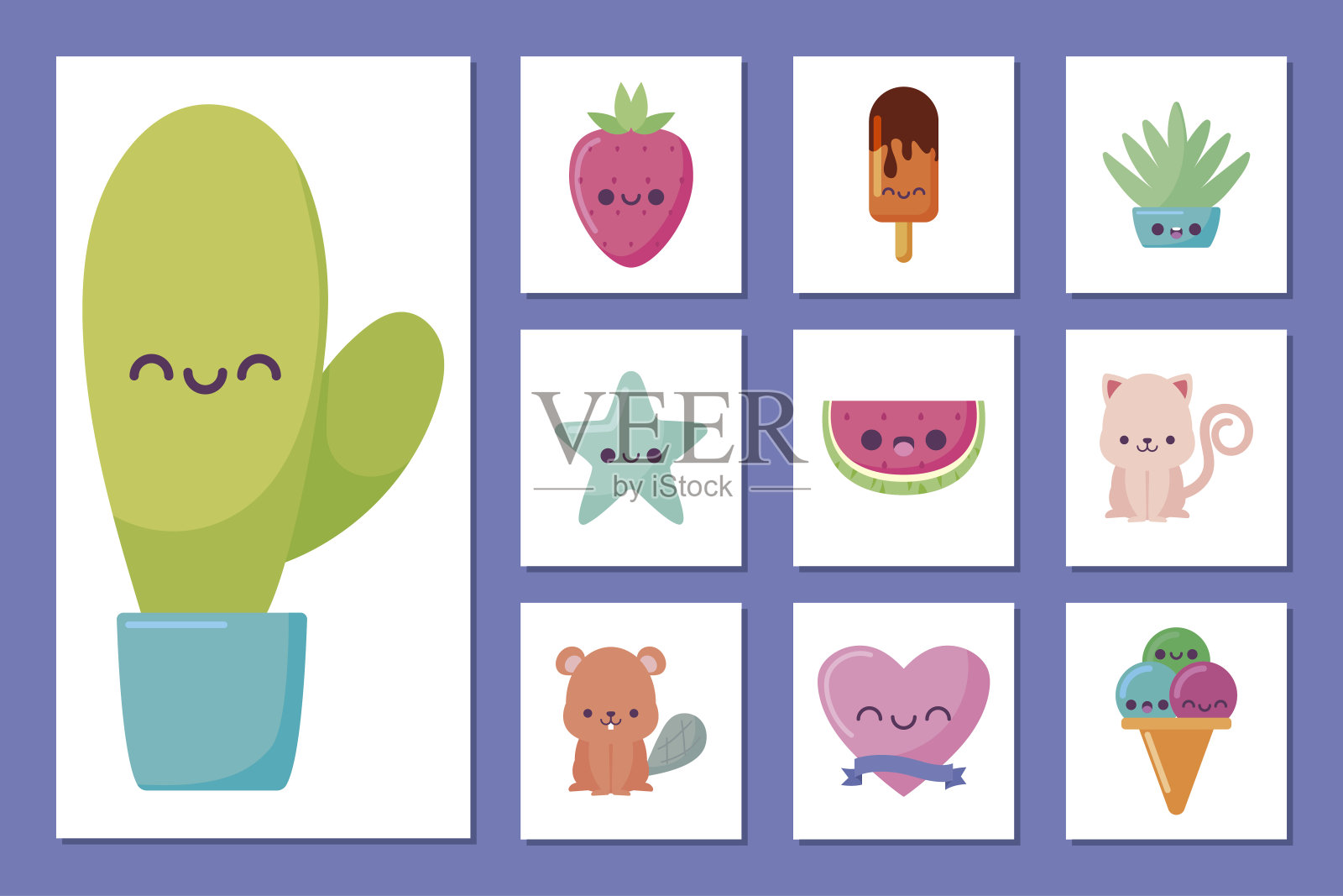 卡哇伊仙人掌和图标设置卡通矢量设计插画图片素材