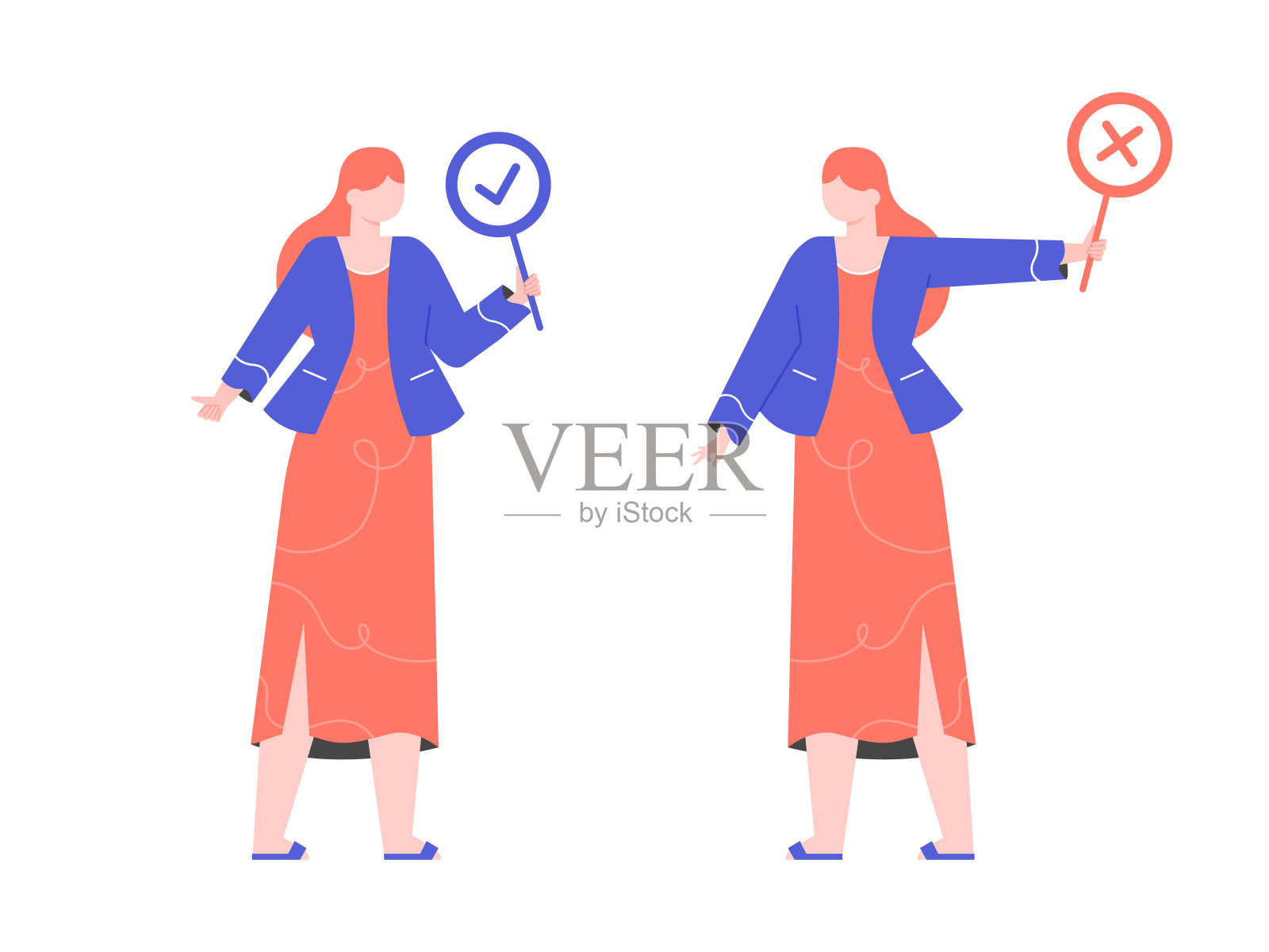 有两个牌子的女孩，允许和禁止。插画图片素材