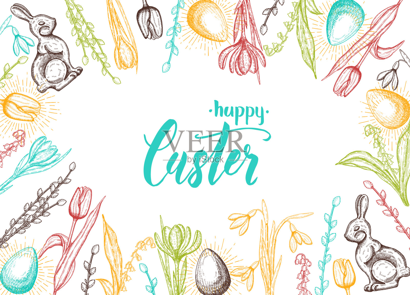 春季复活节卡片，手绘复活节彩蛋，巧克力兔子，山谷百合，郁金香，雪花莲，藏红花，柳树。手工书写-复活节快乐插画图片素材