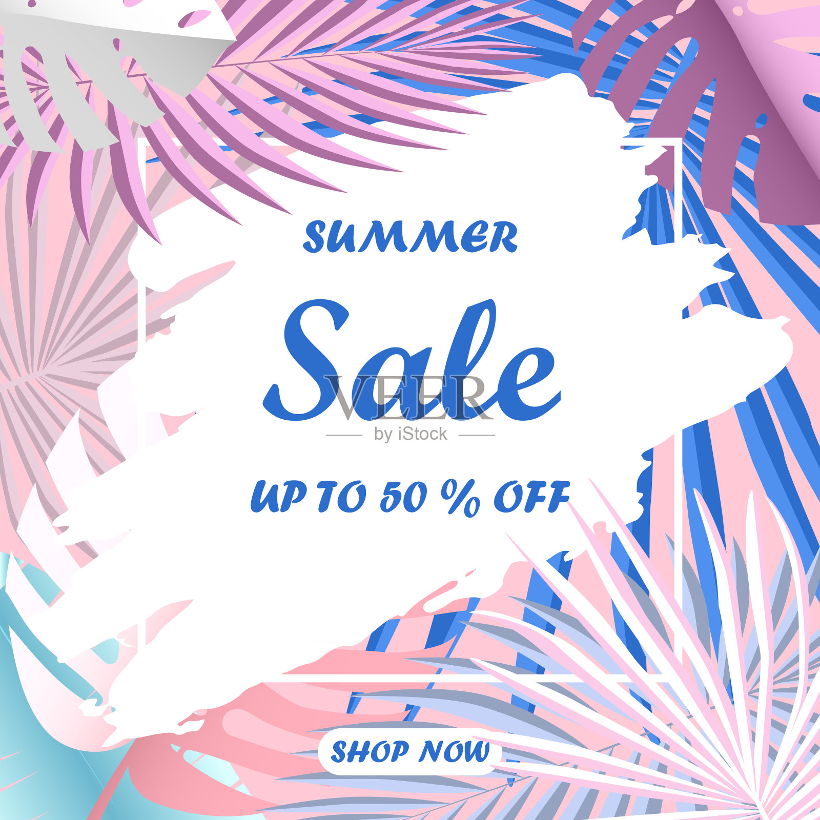 夏季销售背景与热带树叶框架和笔触插画图片素材