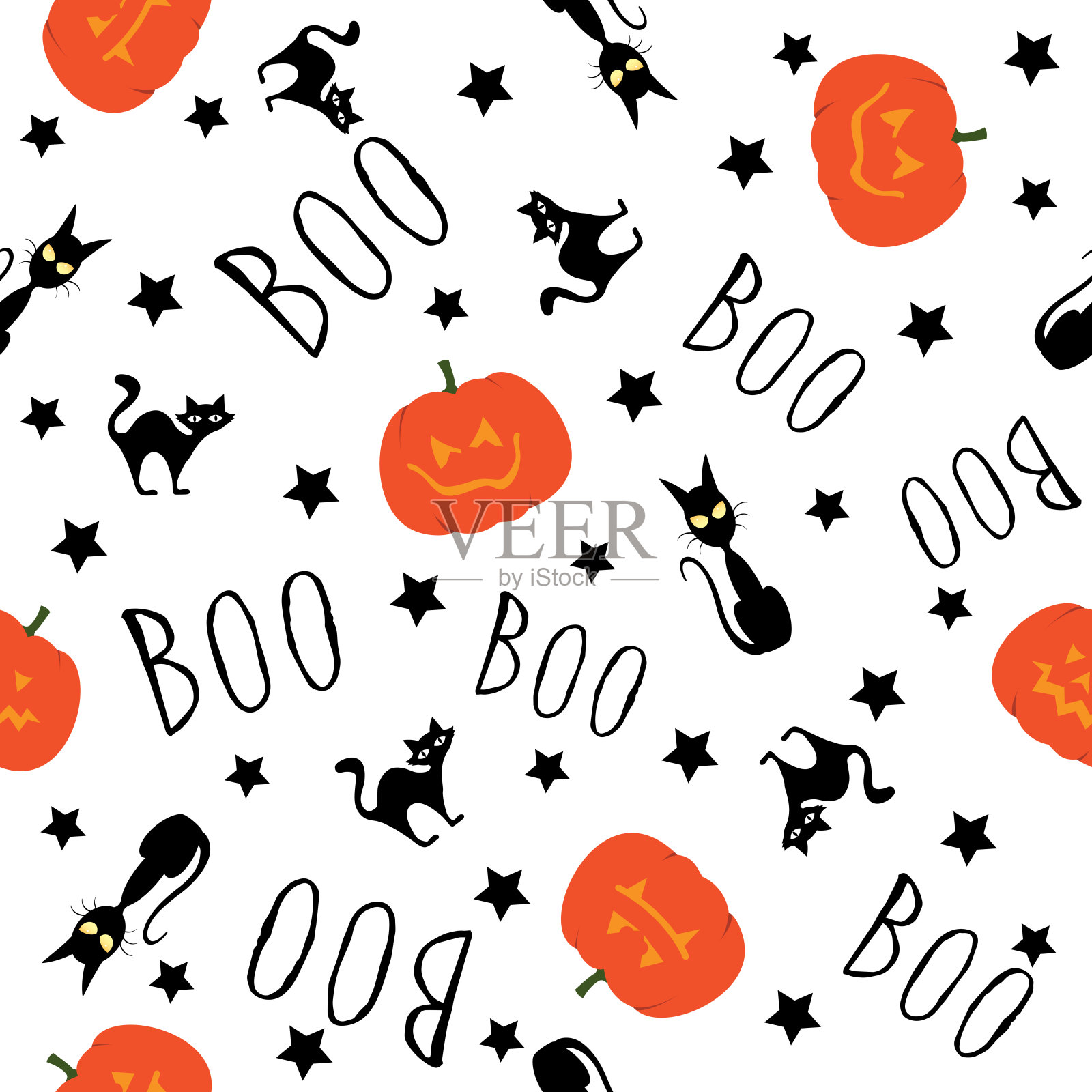 万圣节南瓜，猫和星星无缝重复图案。万圣节的南瓜。秋季10月假期。Handlettering,手写的嘘声。插画图片素材