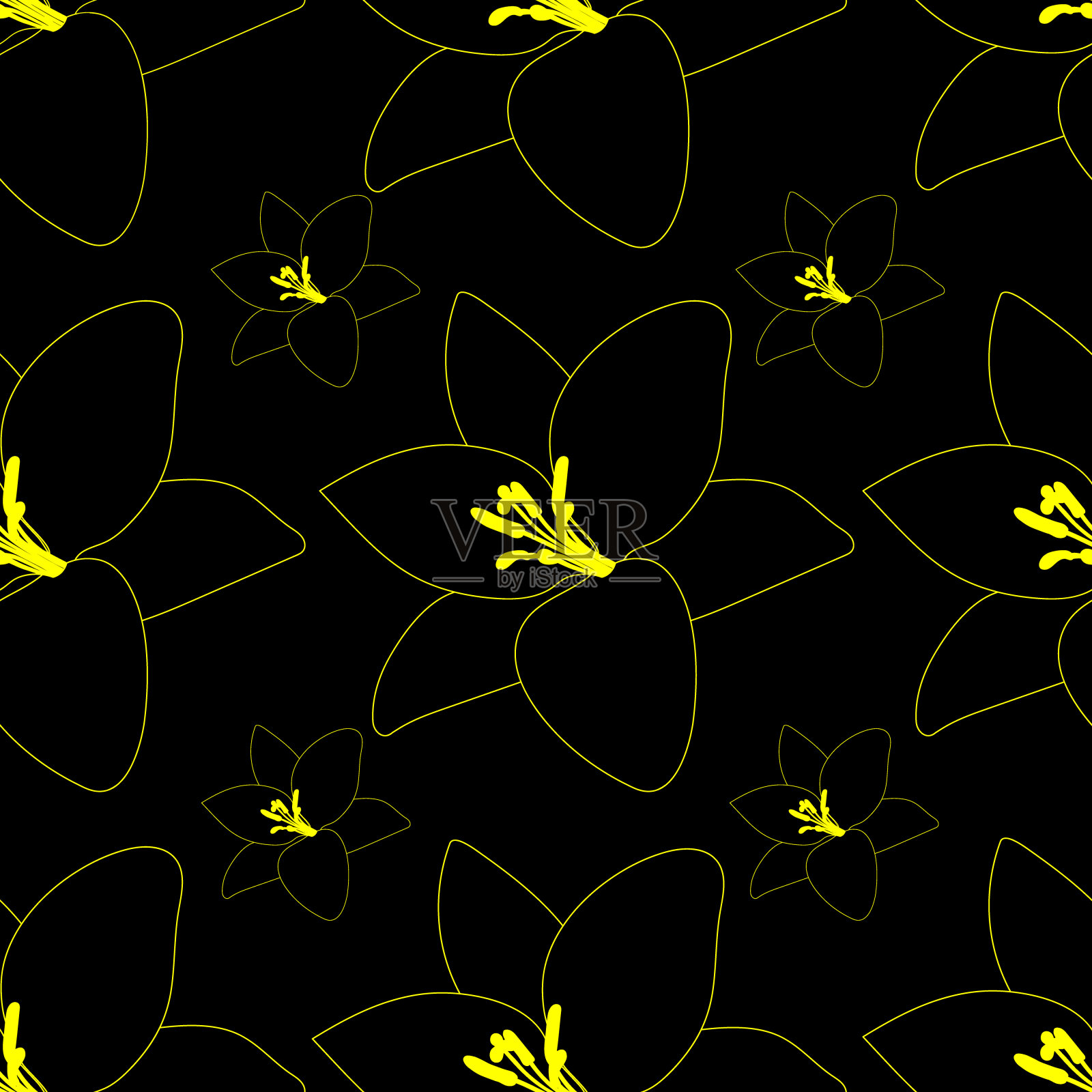 无尽的黑百合矢量图案。在黑色的背景上种植。壁纸，封面，封面，装饰，纺织品的想法。抽象的印花。插画图片素材
