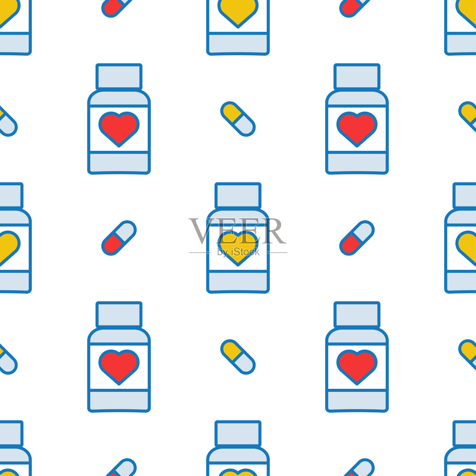 容器上的药丸有心脏标签和小胶囊片无缝矢量模式插画图片素材