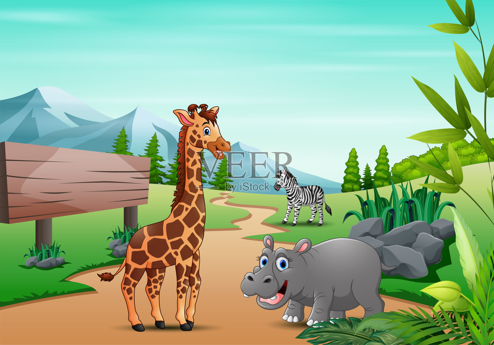 卡通野生动物在丛林里玩耍插画图片素材