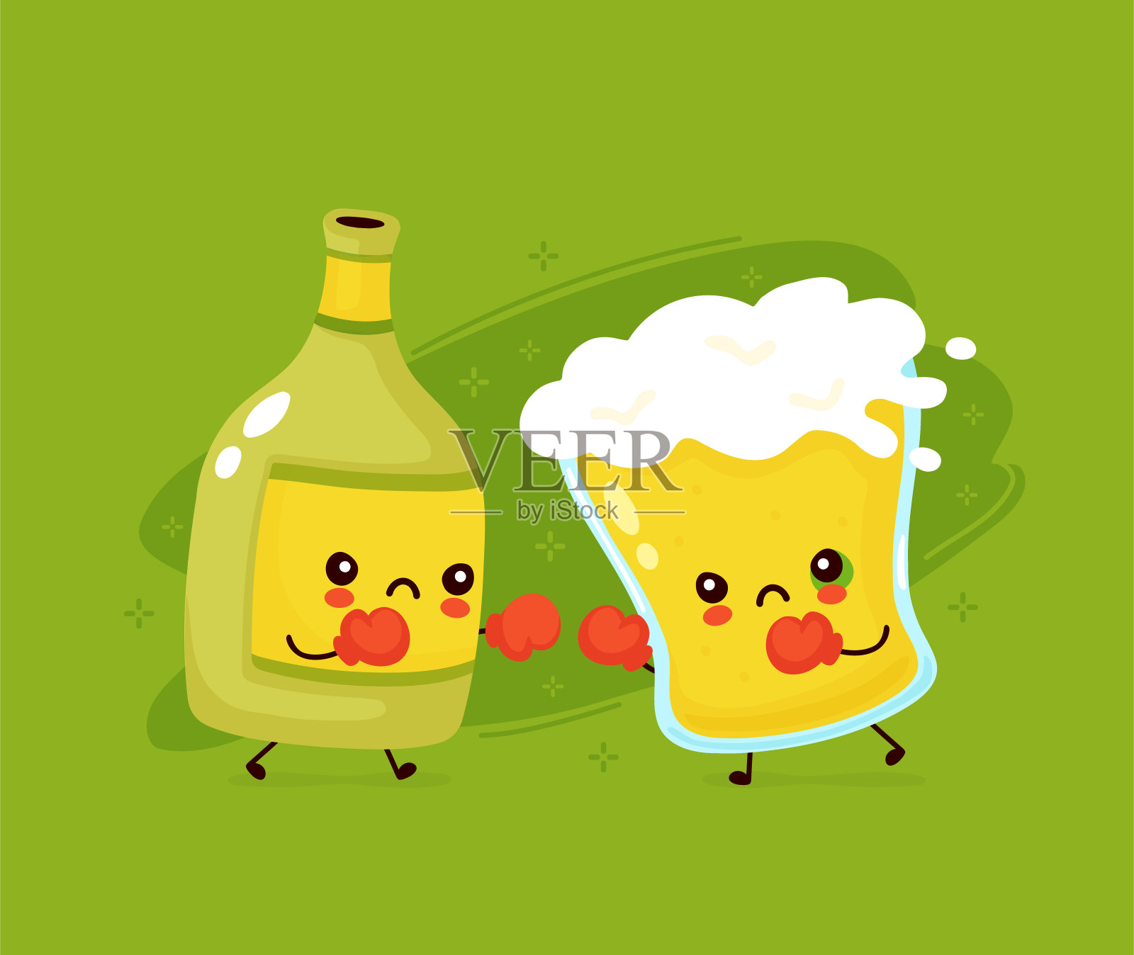 可爱的啤酒杯和瓶子打架插画图片素材