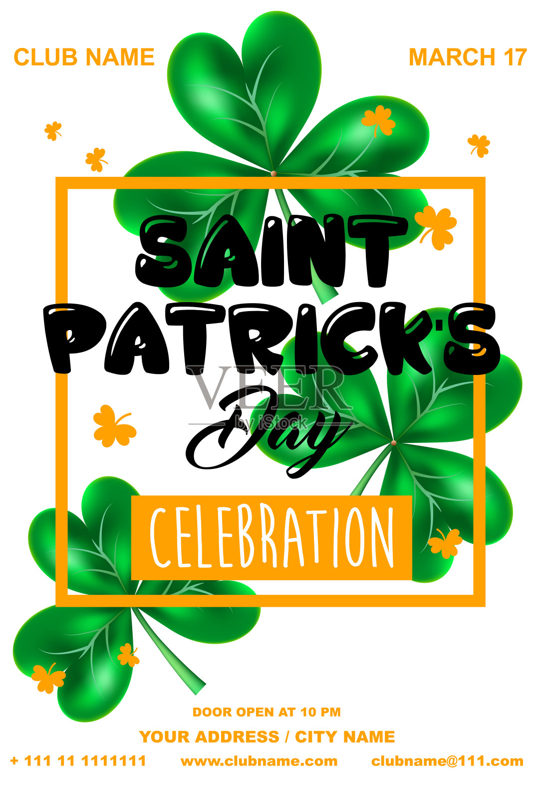 圣帕特里克节的海报。绿色的苜蓿叶。爱尔兰夜派对横幅或海报。邀请迪斯科派对。排版。矢量图插画图片素材