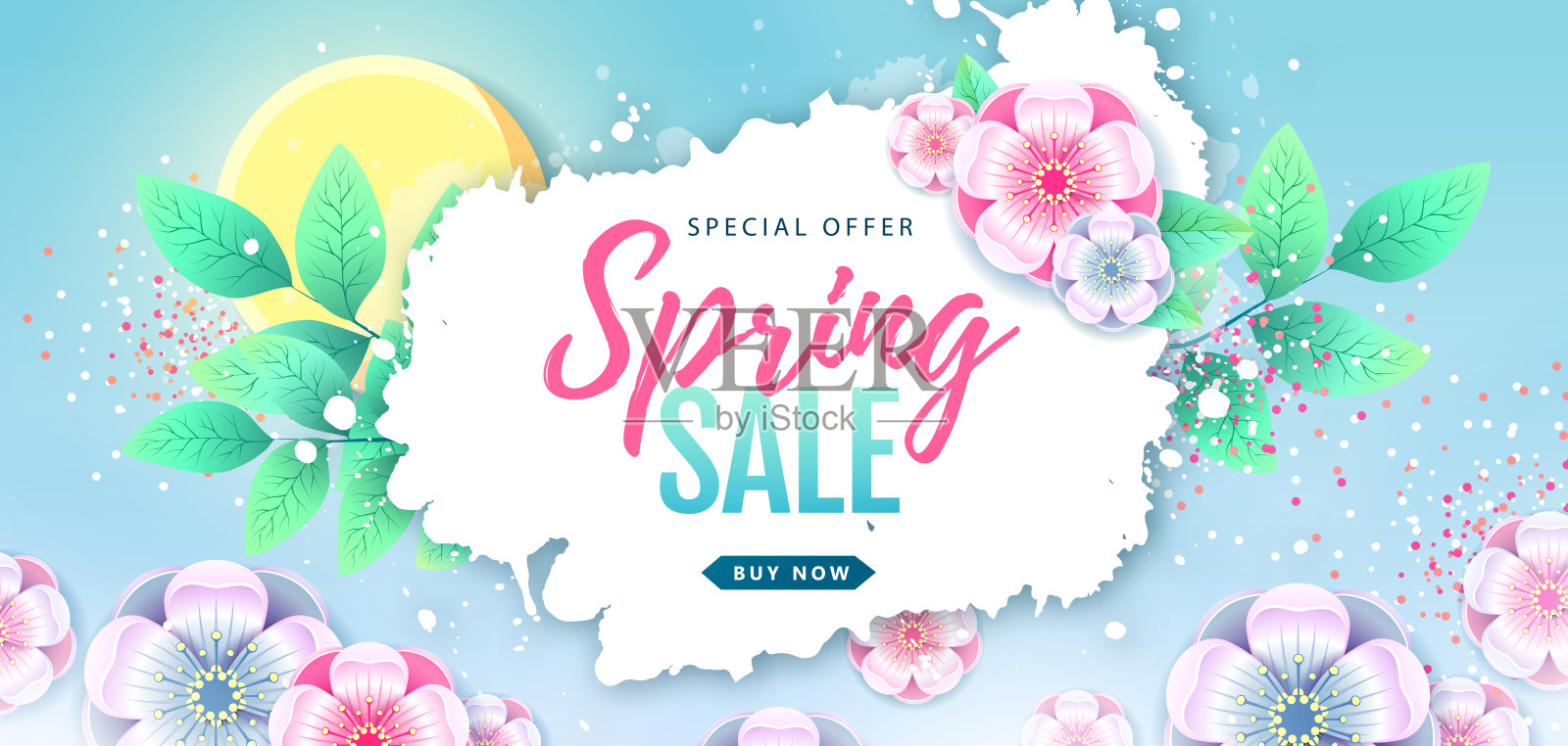 春季大促销海报，鲜花盛开。春天鲜花的背景设计模板素材