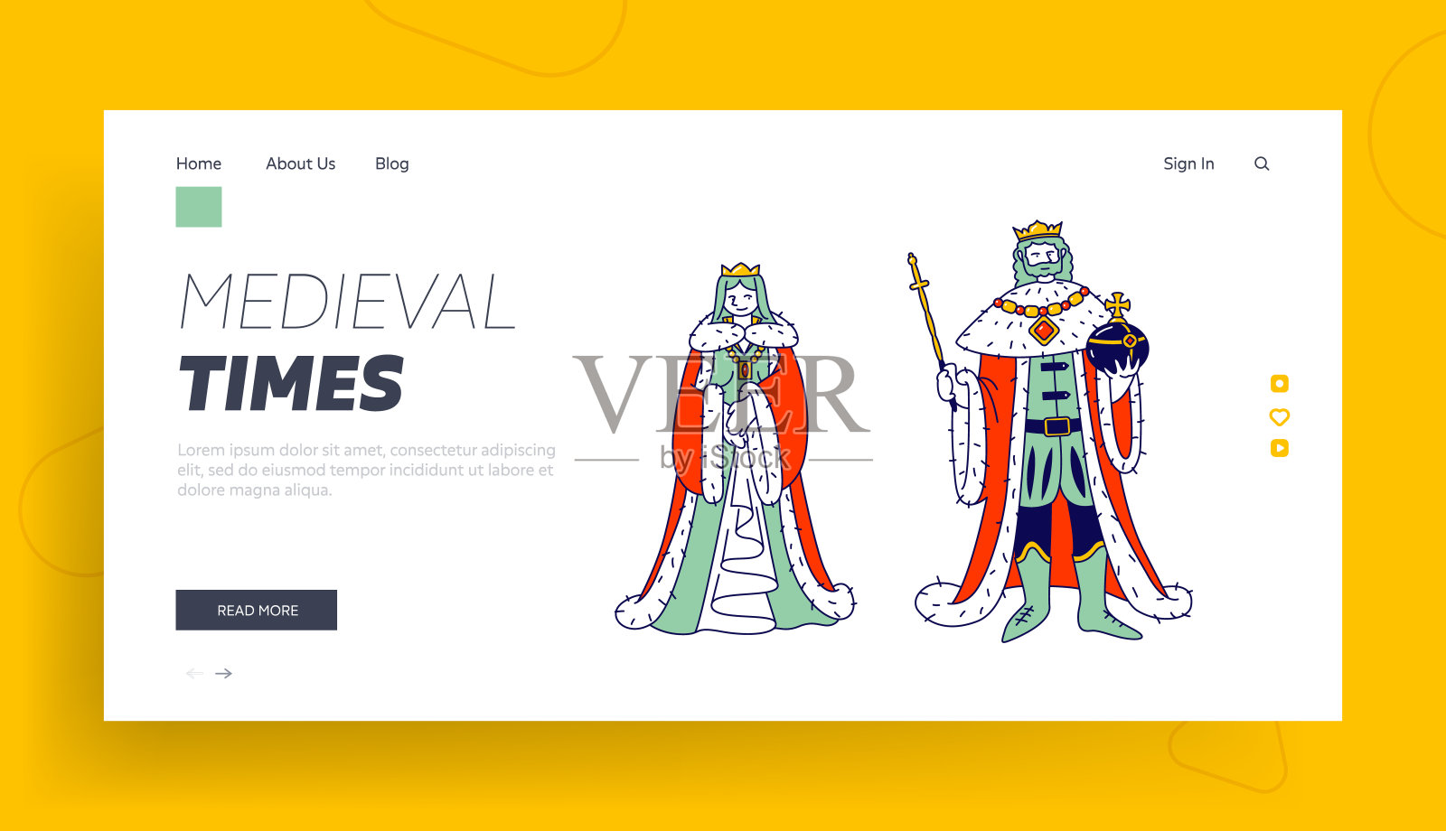 中世纪皇室成员穿着服装的国王和王后网站登陆页面。古代历史王国或童话奇幻人物网页横幅。卡通平面矢量插图，线条艺术插画图片素材