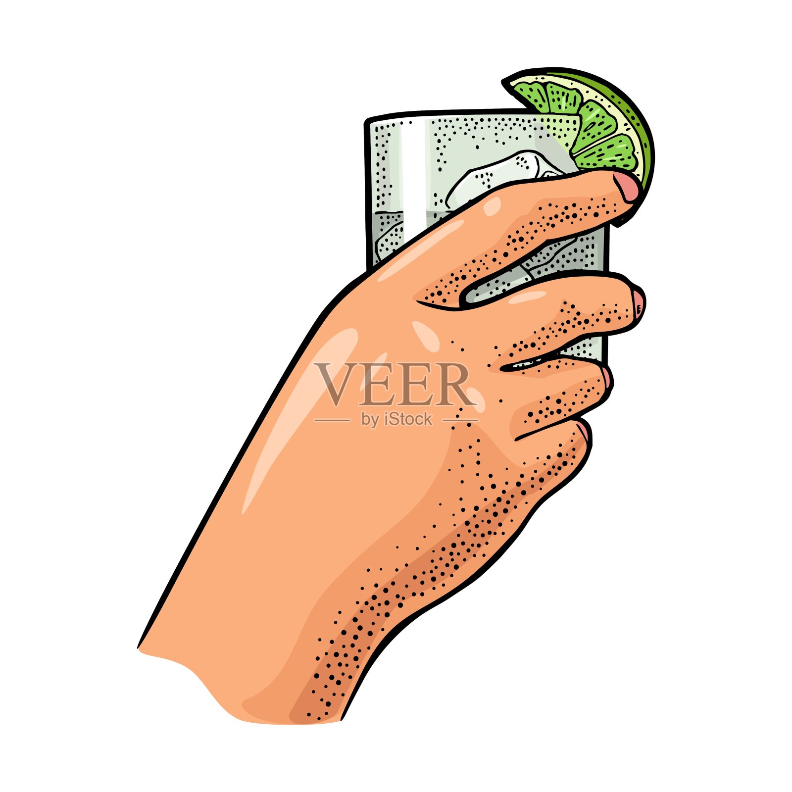 女性手握杜松子酒酒杯。古董向量雕刻插画图片素材