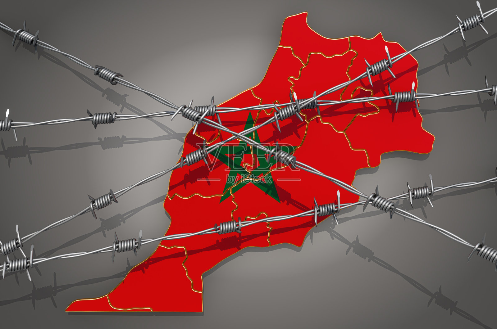 摩洛哥地图与铁丝网，3D渲染在灰色背景照片摄影图片
