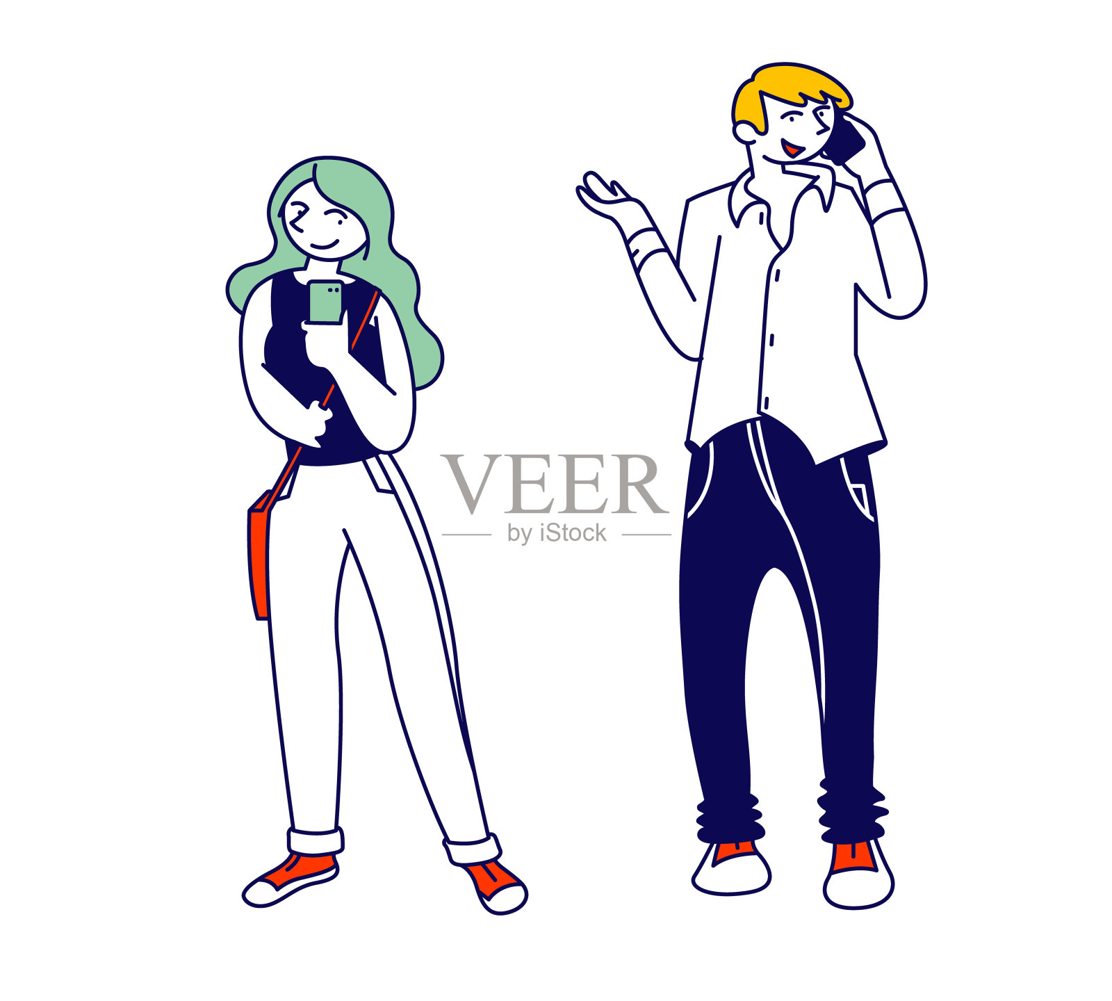 青少年用手机发短信和打电话。青年男子和妇女发送信息给朋友使用细胞学生沉迷于社交网络和电话技术卡通平面矢量插图插画图片素材