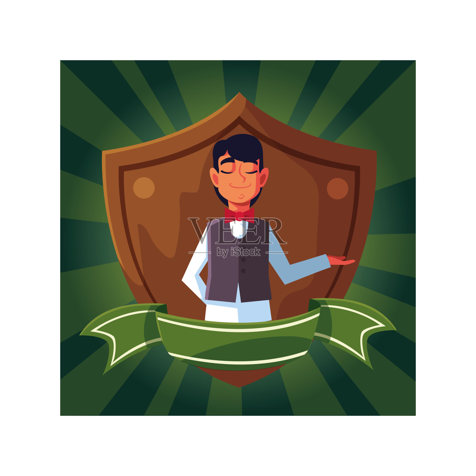 男服务员制服，盾牌和丝带插画图片素材