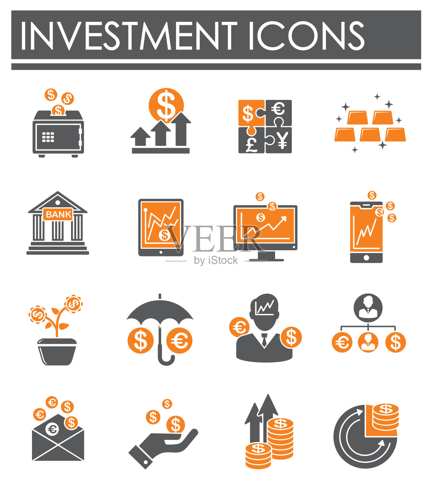 投资相关图标设置在图形和网页设计的背景。创意插图概念符号的web或移动应用程序。图标素材