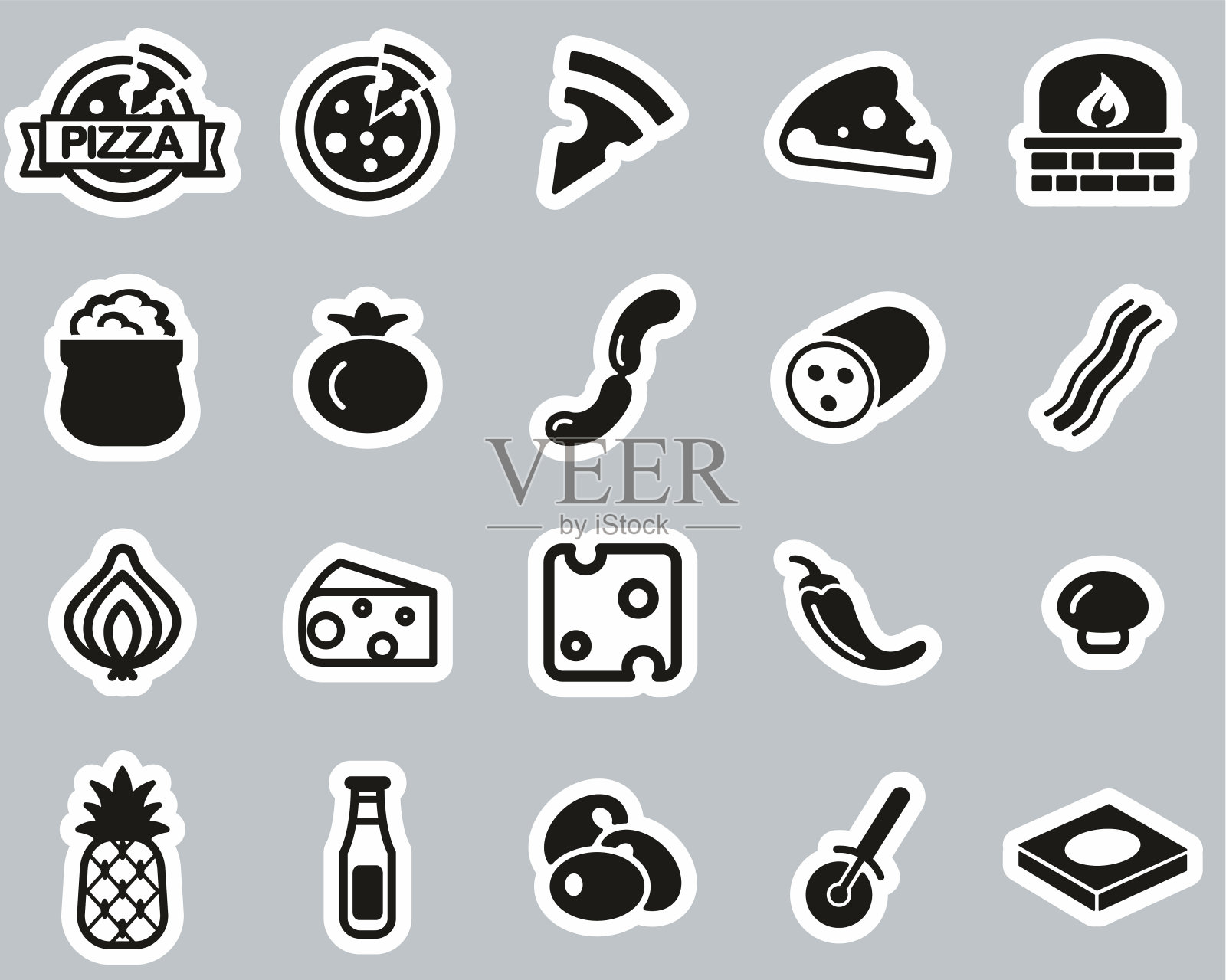 披萨和披萨配料图标黑色和白色贴纸设置大插画图片素材