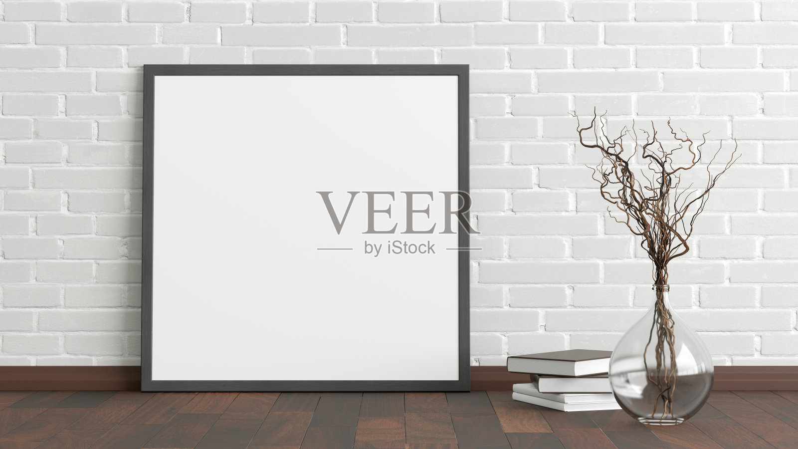 空白海报框架模拟站在地板旁边的墙照片摄影图片