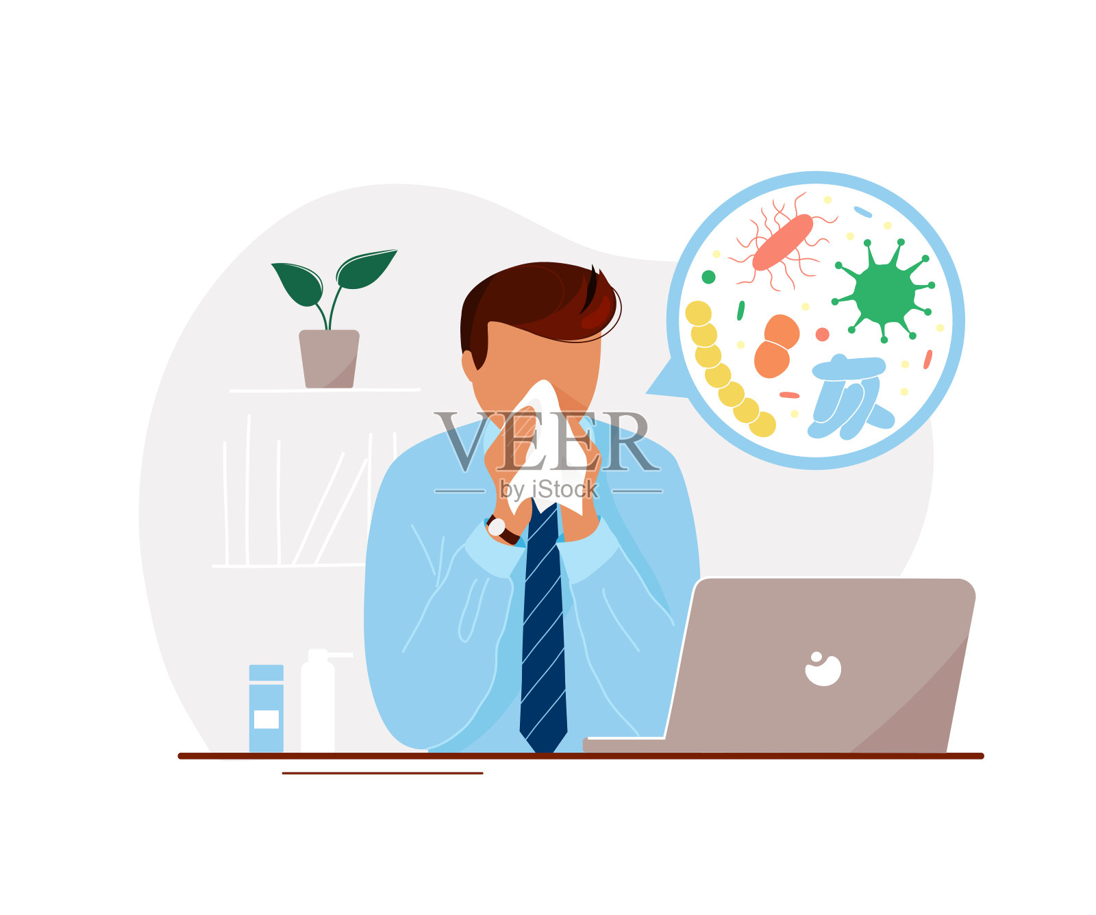 办公室里有个带着微生物形象的病人插画图片素材