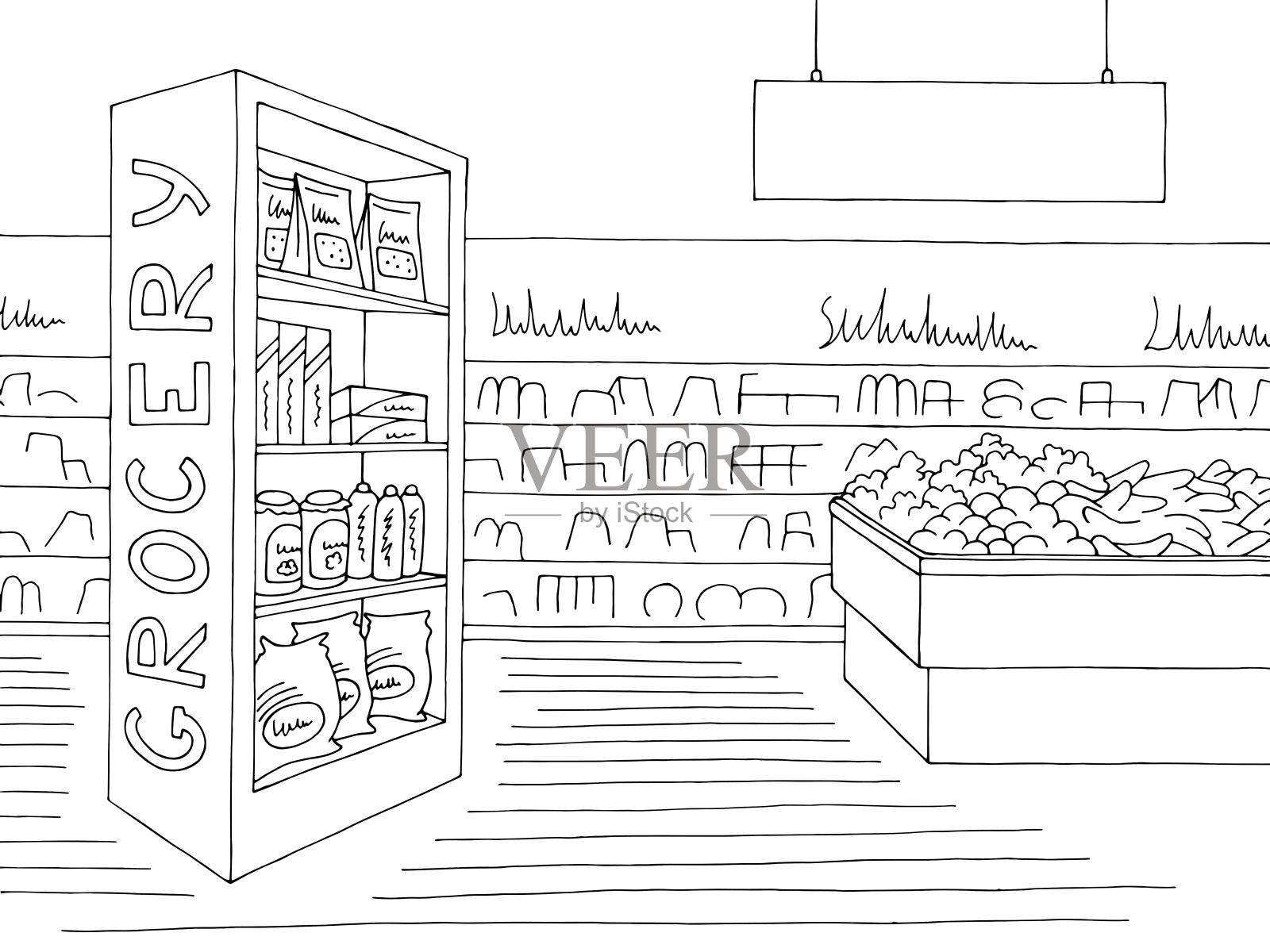 杂货店商店内部黑白图形素描插图矢量插画图片素材