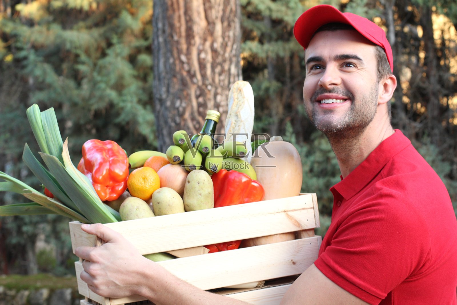 男人运送装有健康食材的篮子照片摄影图片