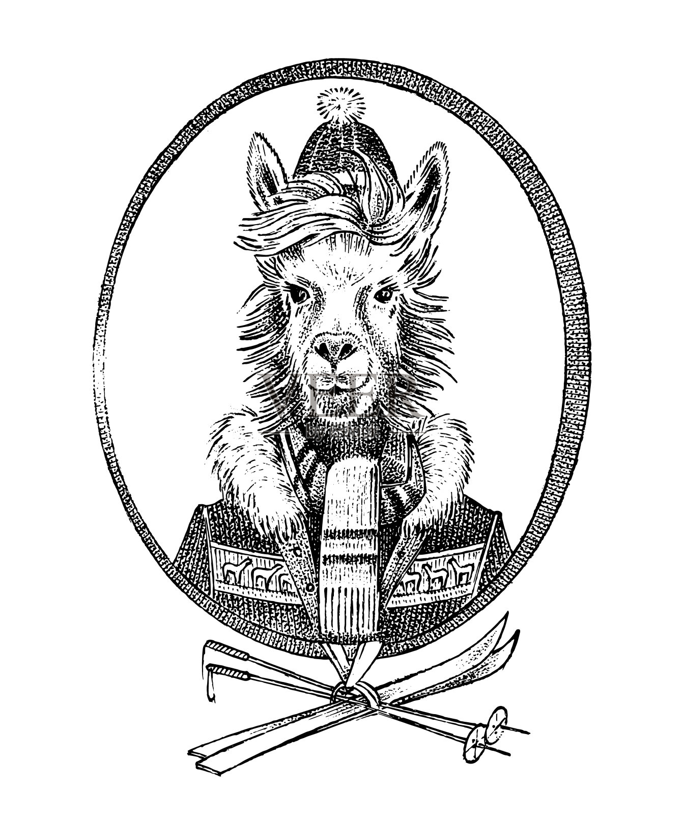 羊驼喇嘛的特点是滑雪者或在冬季运动员的guanaco衣服。手绘动物人像。用于卡片、标签或纹身的单色雕刻时尚草图。潮人神人同形同性论插画图片素材