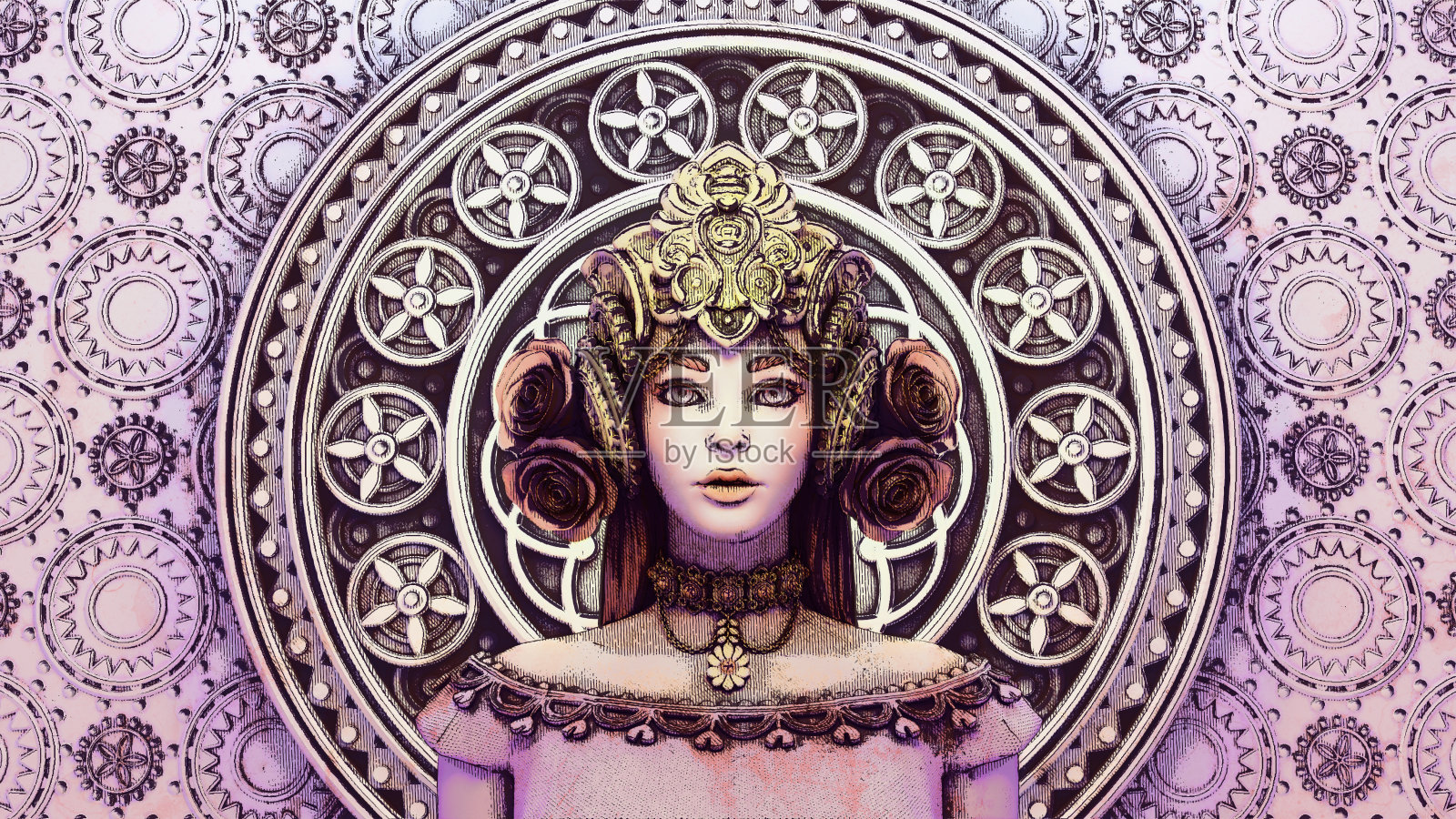 手绘数字插图与孵化线的美丽女孩在幻想皇冠反对东方风格的装饰。插画图片素材