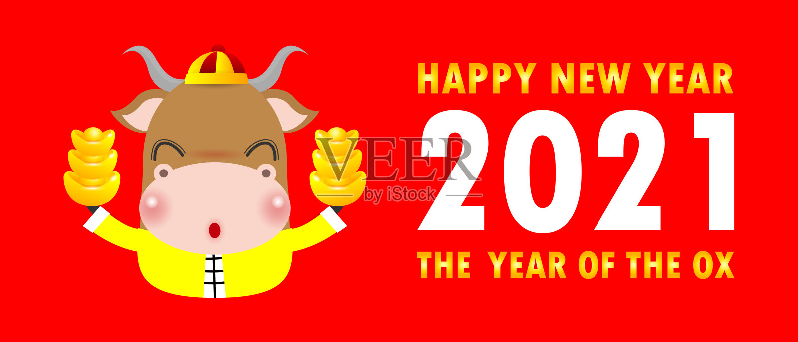 新春快乐的牛年海报设计以牛、鞭炮和舞狮为主。牛年贺卡上孤立红色背景，翻译为:新年快乐。设计模板素材